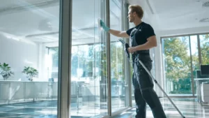 Fensterreinigung Firma München: Ein Mann reinigt die große Fensterwand eines Office-Gebäudes und sorgt für streifenfreie, klare Glasflächen.