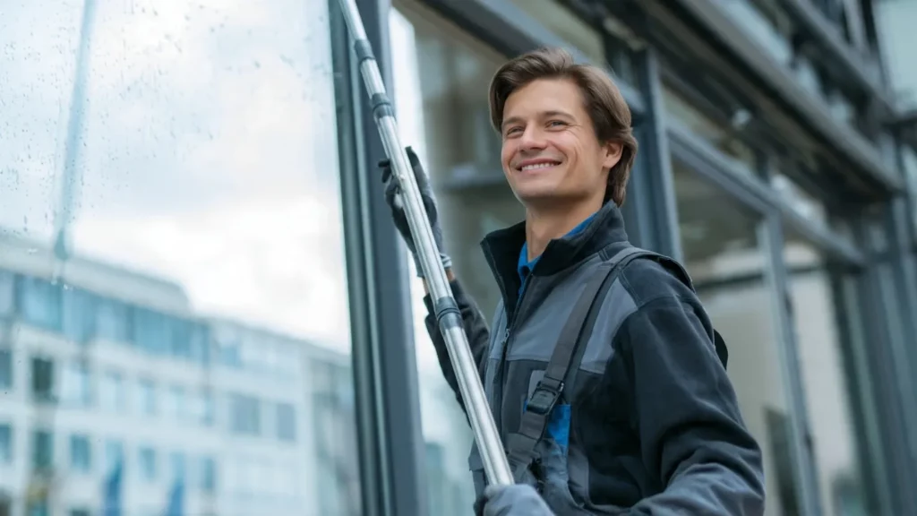 Firma für Fensterreinigung Büro München: Ein Mann reinigt die Außenfenster eines Bürogebäudes und sorgt für saubere, streifenfreie Glasflächen.