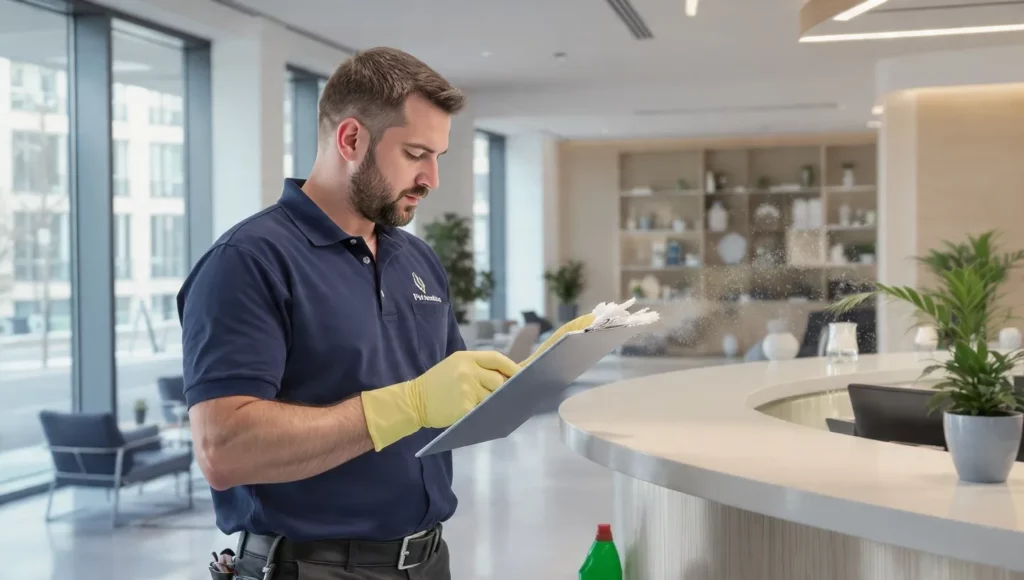 Geschäftsmann mit Klemmbrett prüft eine Checkliste zur Qualitätskontrolle in einem modernen Büro – Vorteile beim Reinigungsdienst buchen für Gebäudereinigung München und professionelle Büroreinigung.