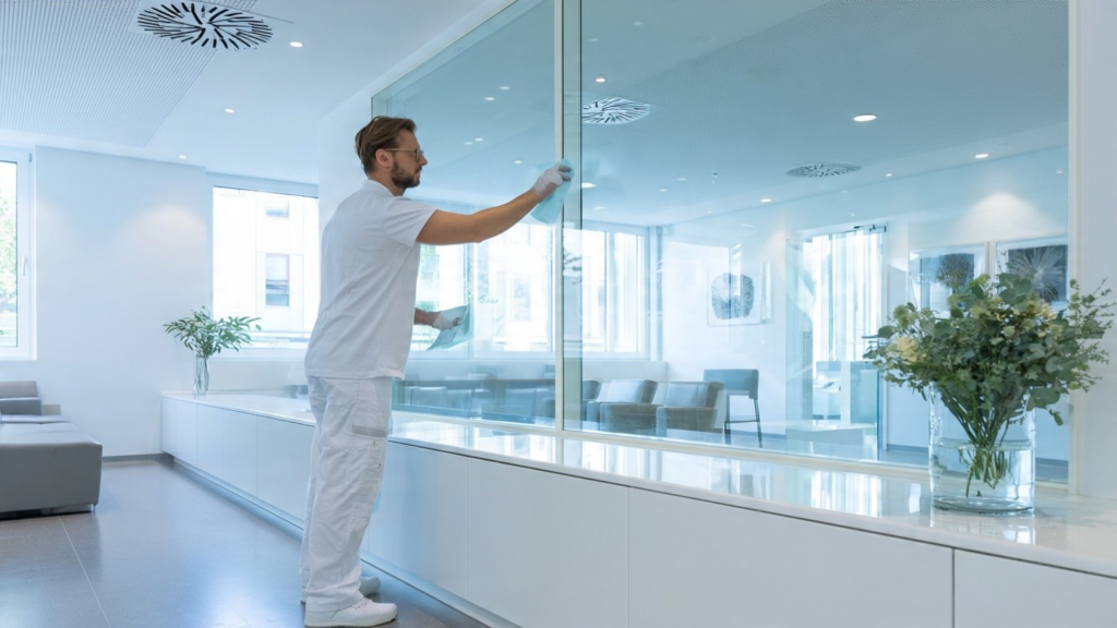 Büroreinigung vs. Unterhaltsreinigung: Ein in medizinischer Kleidung gekleideter Reinigungskraft-Mann reinigt die innere Fensterfront eines Büro- oder Praxisgebäudes und sorgt für hygienische Sauberkeit.