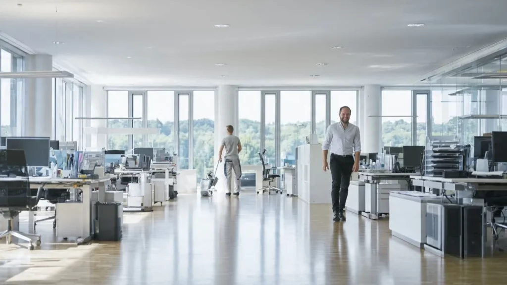 Steigerung der Mitarbeiterzufriedenheit durch saubere Büros: Ein Mann reinigt den Boden in einem modernen Büro, während der Geschäftsführer die professionelle Reinigung begleitet.